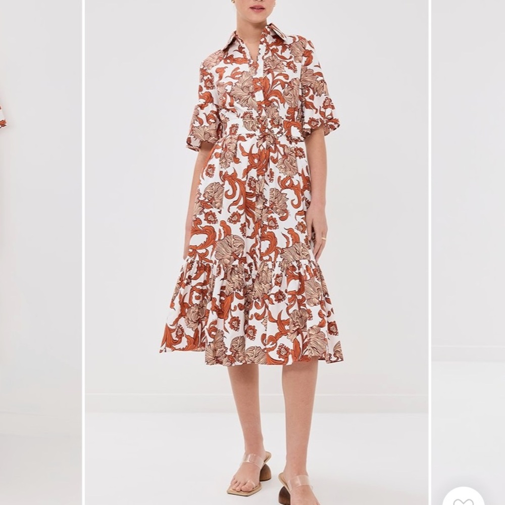 LA DoubleJ Brown and Orange Puff Sleeve Midi Dress